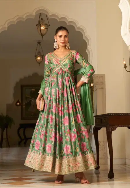Jagmag By Sanika Chinon Silk Designer Gown With Dupatta Suppliers In India
